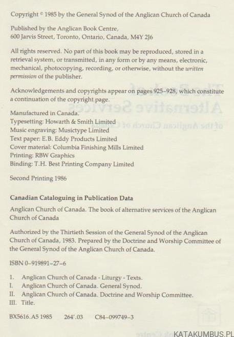 The Book of Alternative Services of the Anglican Church of Canada. PRACA ZBIOROWA