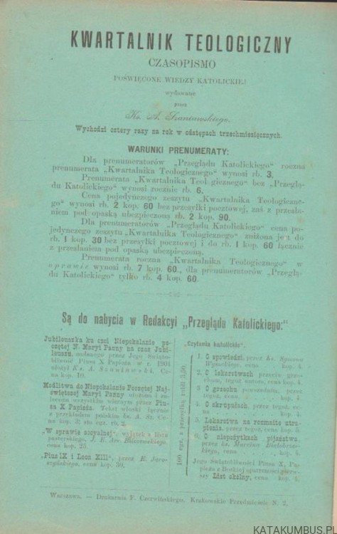 Kwartalnik Teologiczny. Ks. A. SZANIAWSKI.1904r.