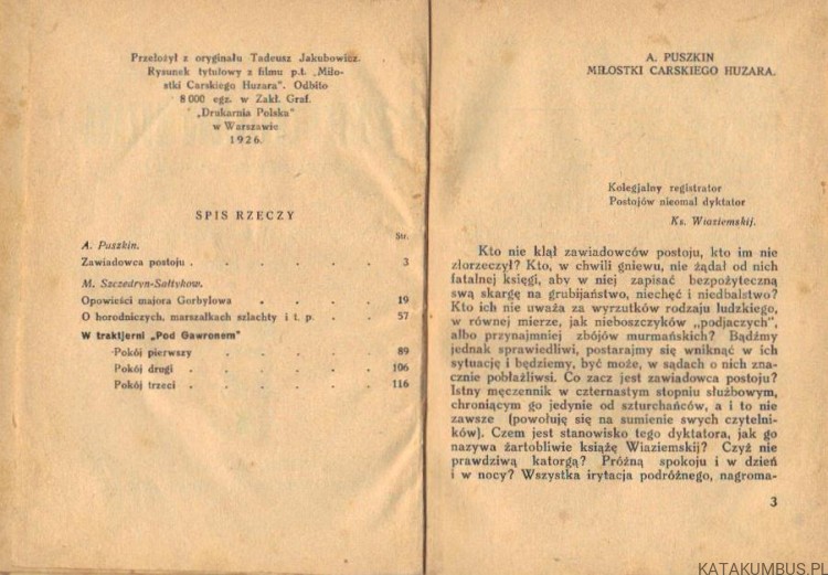 Miłostki Carskiego Huzara. A. PUSZKIN (1926r.)