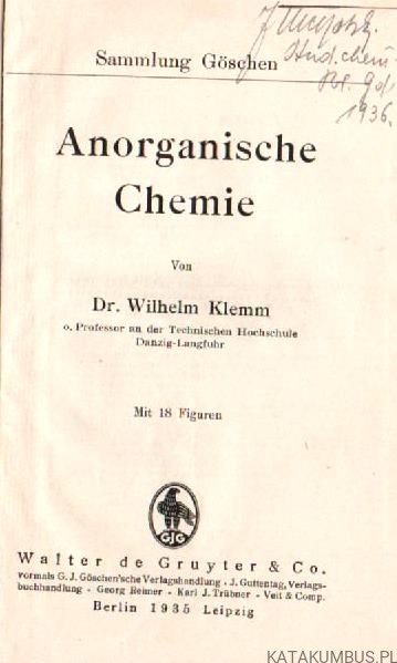 Anorganische Chemie. SAMMLUNG GOSCHEN. 1935r. (j. niemiecki)