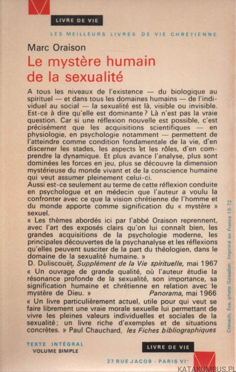 Le mystere humain de la sexualite. MARC ORAISON
