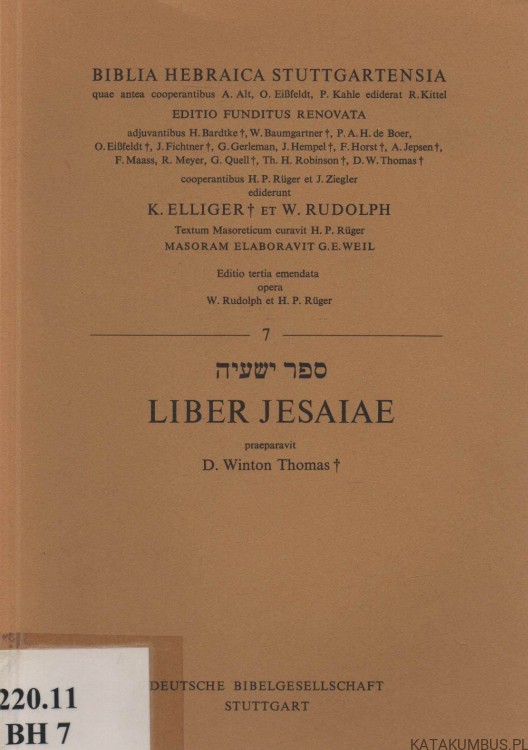 Biblia Hebraica Stuttgartensia. Liber Jesaiae. D. WINTON THOMAS