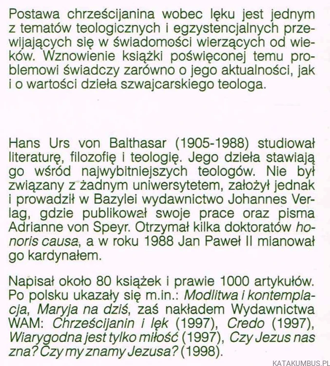 Chrześcijanin i lęk. HANS URS VON BALTHASAR