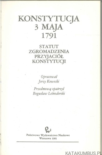 Konstytucja 3 maja 1791. Statut Zgromadzenia Przyjaciół Konstytucji. JERZY KOWECKI