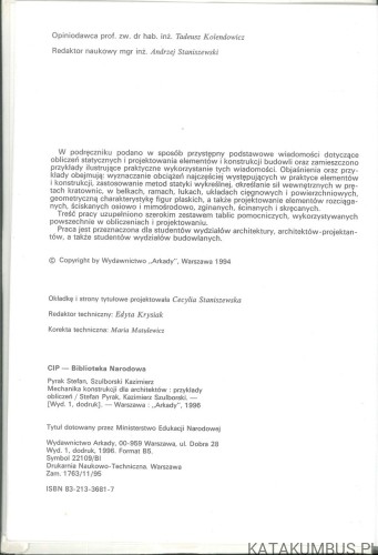 Mechanika konstrukcji dla architektów: przykłady obliczeń. STEFAN PYRAK, KAZIMIERZ SZULBORSKI
