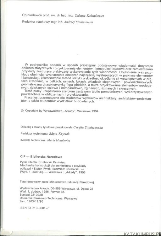 Mechanika konstrukcji dla architektów: przykłady obliczeń. STEFAN PYRAK, KAZIMIERZ SZULBORSKI