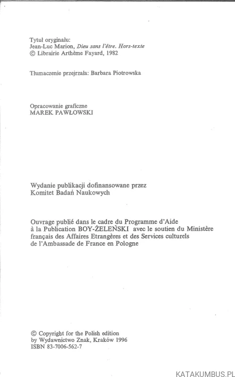 Bóg bez bycia. JEAN-LUC MARION