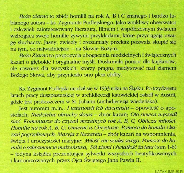 Boże ziarno. Homilie na rok A, B, C. ks. ZYGMUNT PODLEJSKI