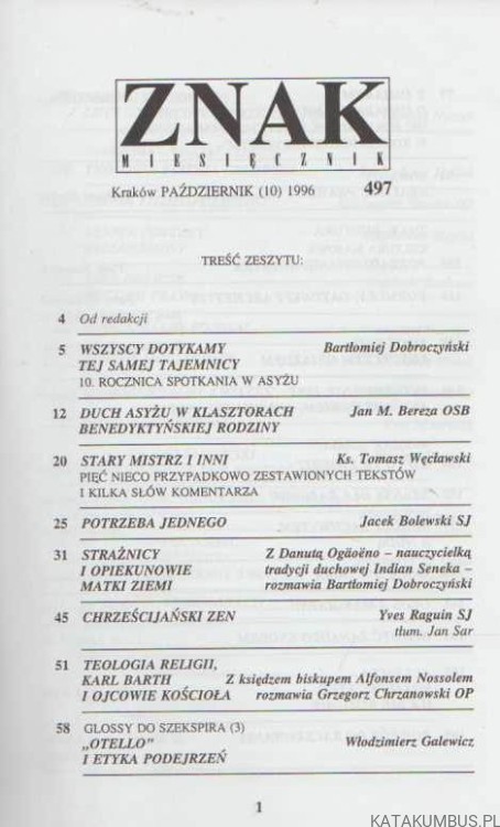 Znak. Miesięcznik. W duchu Asyżu. Październik (10) 1996, 497