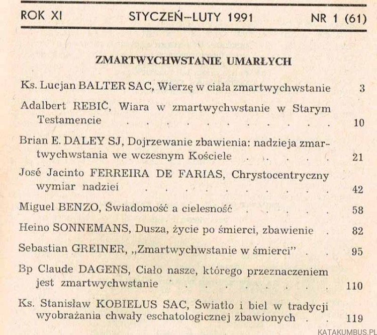 Zmartwychwstanie umarłych. Communio nr 1 (61) 1991. PRACA ZBIOROWA