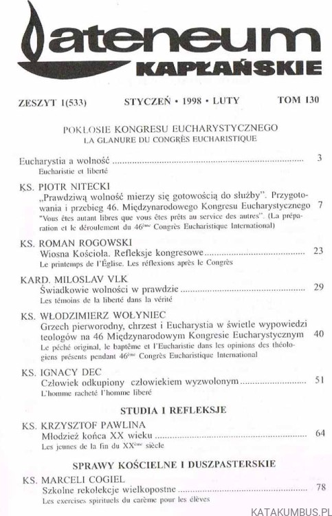 Pokłosie Kongresu Eucharystycznego. Ateneum Kapłańskie 1(533), styczeń-luty 1998