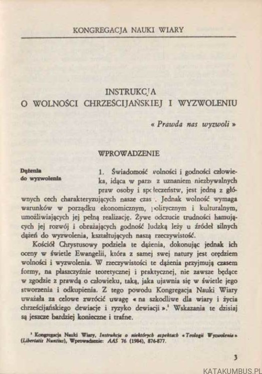 Instrukcja o Chrześcijańskiej wolności i wyzwoleniu. KONGREGACJA NAUKI WIARY
