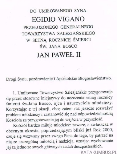 Ojciec i nauczyciel młodzieży - list Ojca Świętego Jana Pawła II w setną rocznicę śmierci św. Jana Bosco