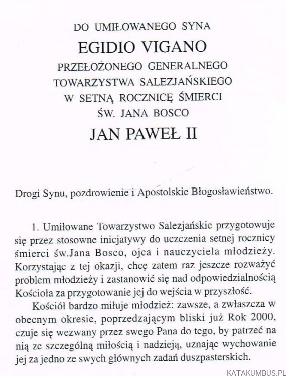Ojciec i nauczyciel młodzieży - list Ojca Świętego Jana Pawła II w setną rocznicę śmierci św. Jana Bosco
