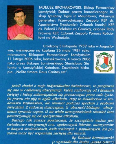 Troska o trzeźwość troską o życie. Bp TADEUSZ BRONAKOWSKI