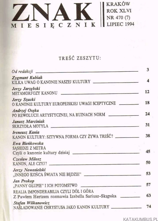 Czy kryzys kanonu kultury? ZNAK nr 470. (7) 1994. PRACA ZBIOROWA