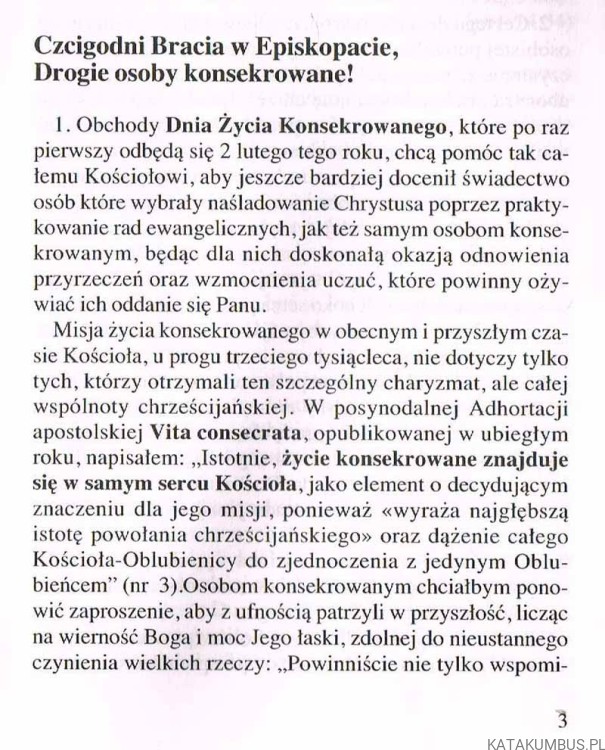 Orędzie Jego Świątobliwości Papieża Jana Pawła II na dzień życia konsekrowanego