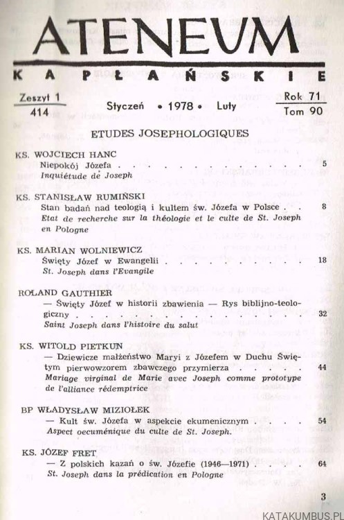 Studia Jozefologiczne Etudes Josephologiques. Ateneum Kapłańskie Nr 414