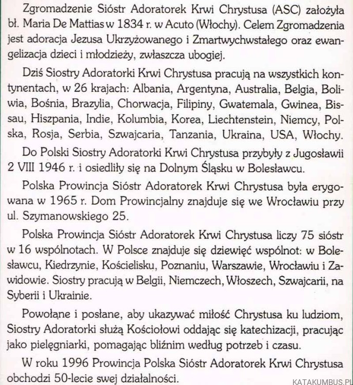 Historia Prowincji Polskiej Sióstr Adoratek Krwi Chrystusa 1946-1971. s. ŁUCJA PARTYKA ASC