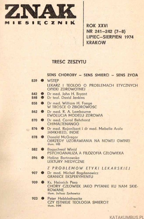 Sens Choroby sens śmierci sens życia. ZNAK nr 241-242. PRACA ZBIOROWA