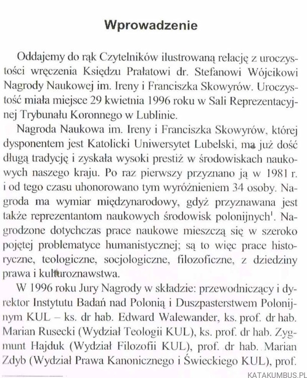 Uroczystość przyznania Nagrody Naukowej im. Ireny i Franciszka Skowyrów Ks. Dr. STEFANOWI WÓJCIKOWI